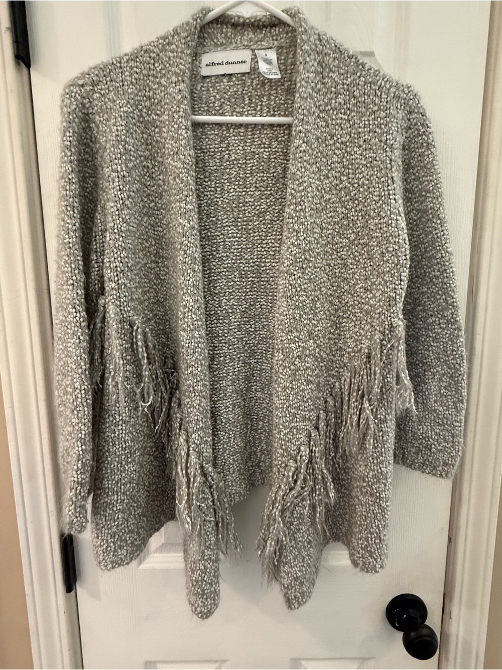 Alfred Dunner Silver-Gray Fringe Open-Front Knit Cardigan